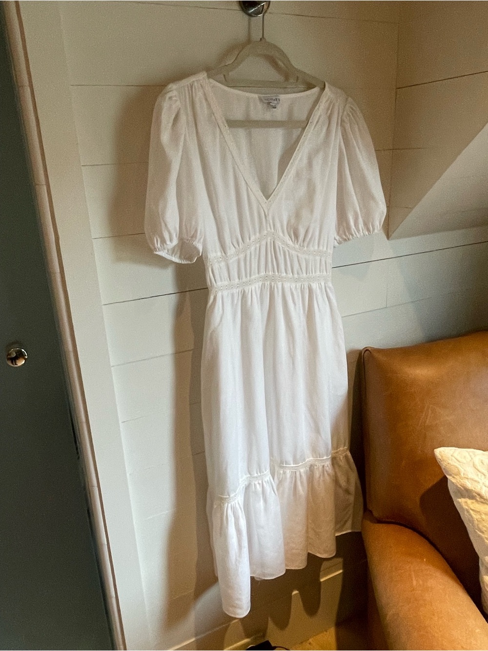 Lucy Paris Cream V-Neck Midi Dress with Puff Sleeves